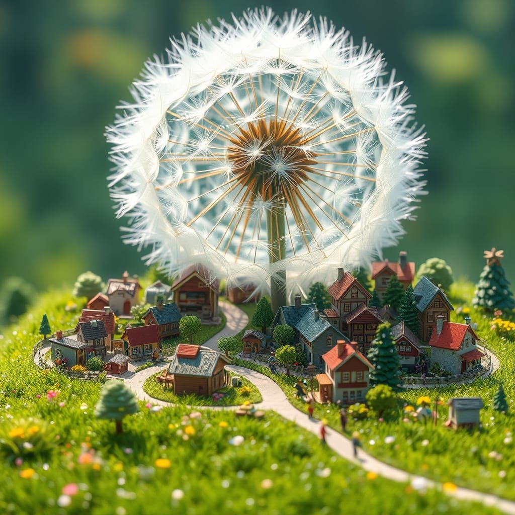 Enchanted Miniature Village in a Lush Summer Meadow