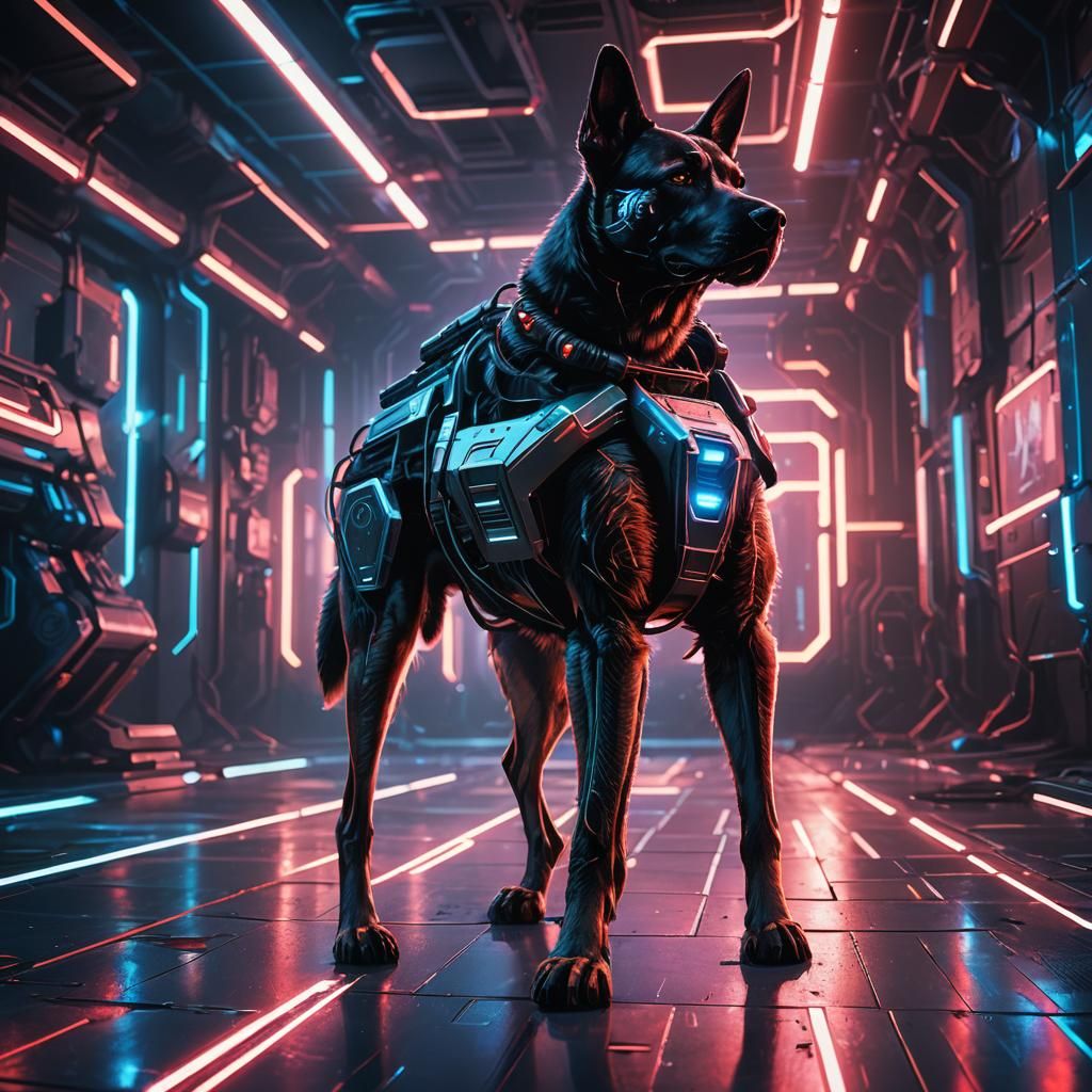 Cyberpunk Military Dog with Laser Cannons