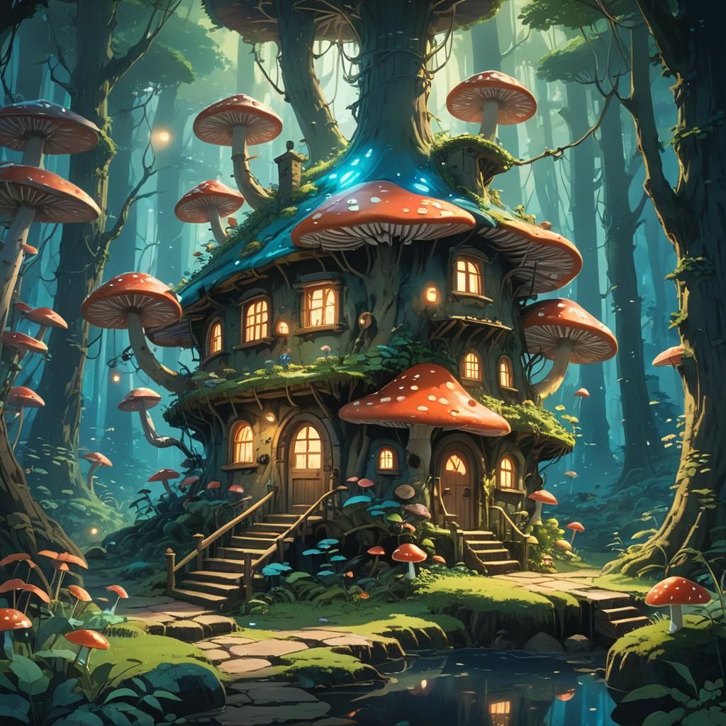 Enchanted Bioluminescent Forest Fairy House: Anime Key Visua...