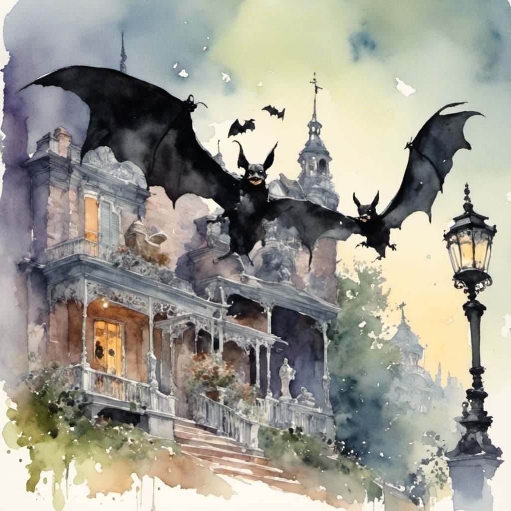 Bats Patrol Haunted Mansion in Watercolor Style