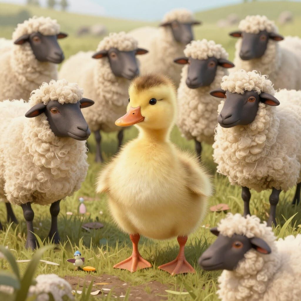Whimsical Duckling Playfully Mischiefs With Sheep