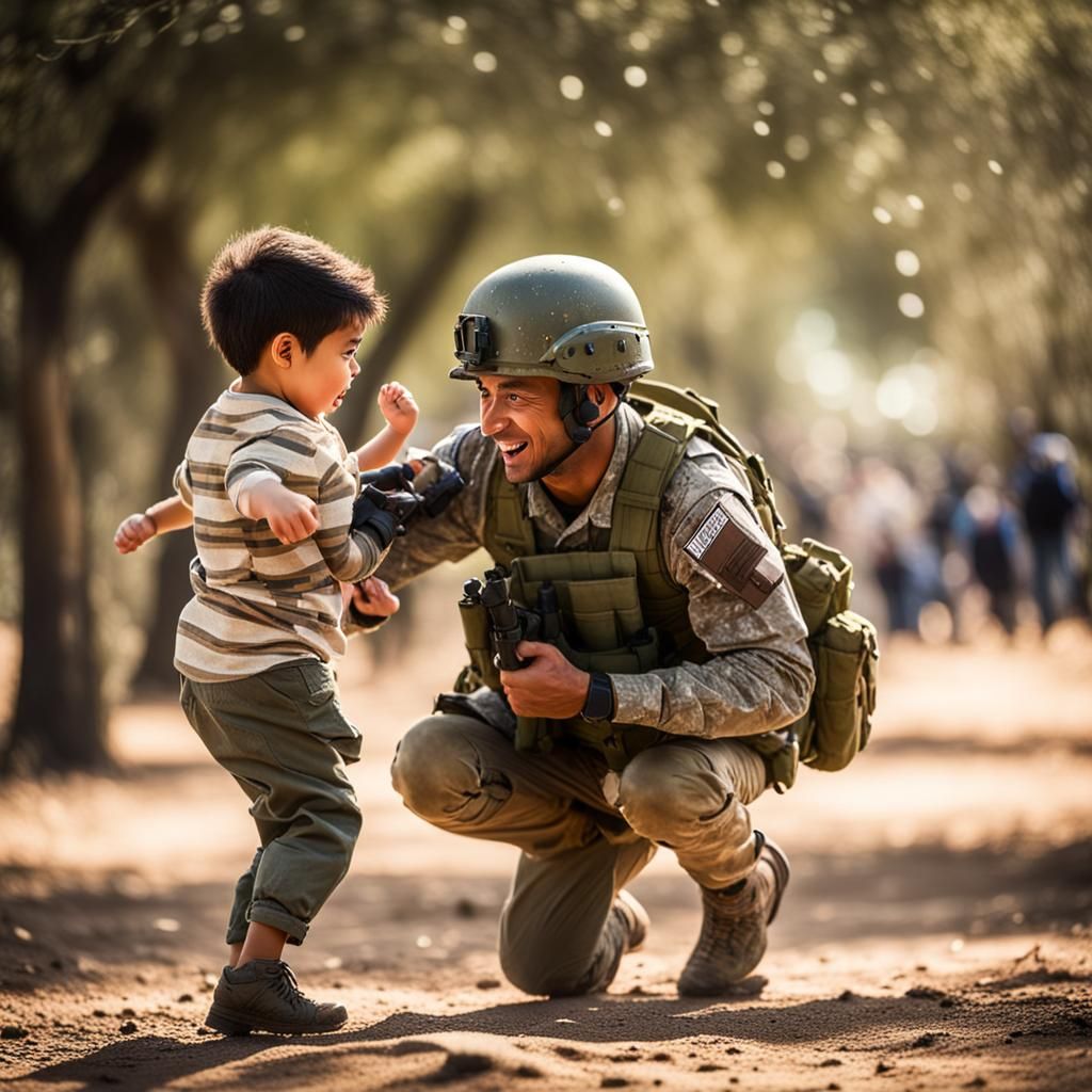Soldier Carries Child with Dove in Flight