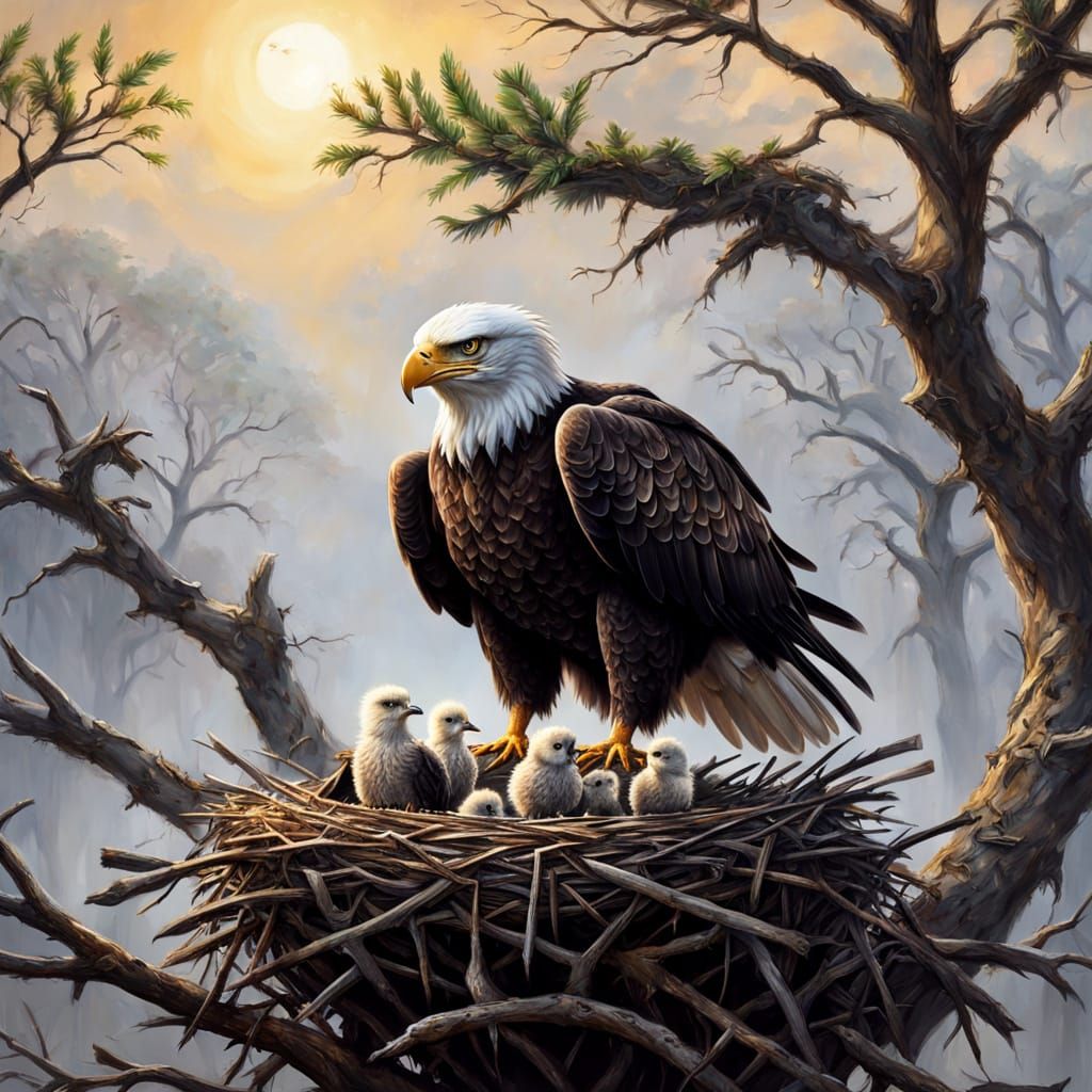 Eagle Family on Nest: A Realistic Oil Painting