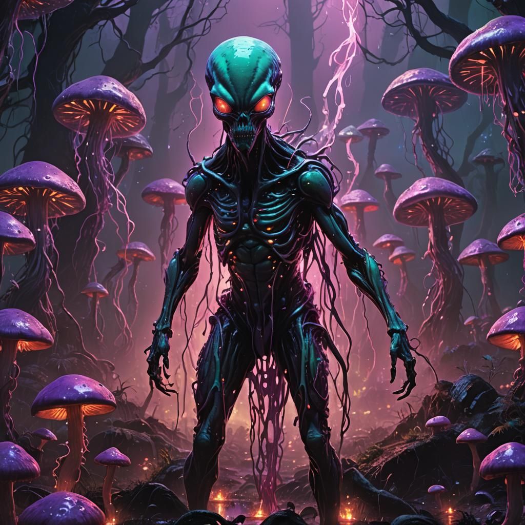 Alien in Devil Slime Amidst Pulsing Mushrooms