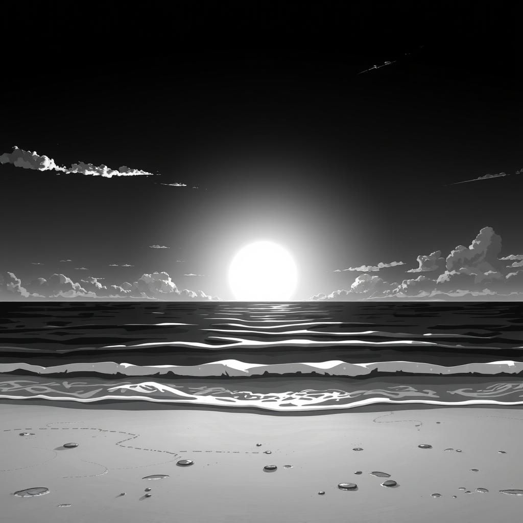 Monochrome Beach Sunset in Anime Style