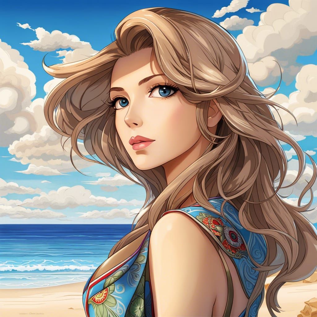 Anime Woman on Beach in Manga Style