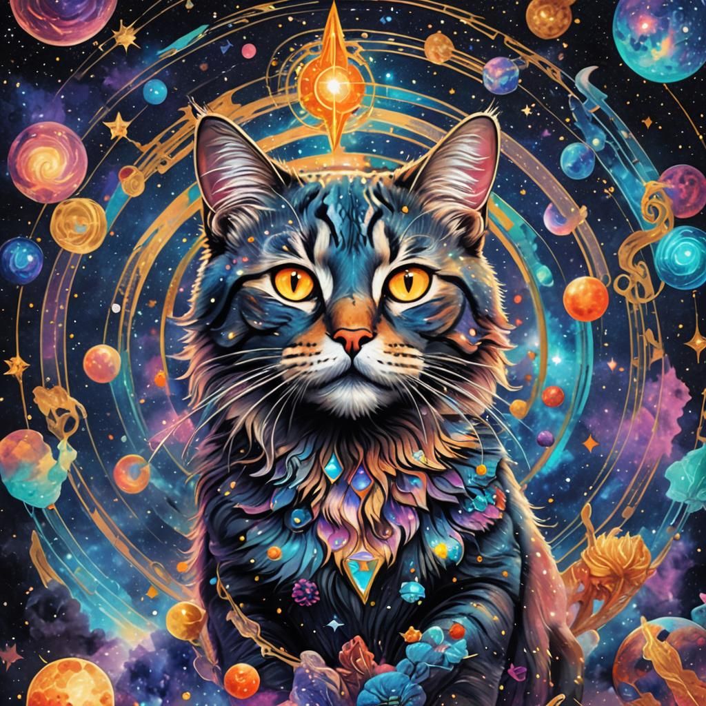 Holographic Galaxy Cat Astral Illustration