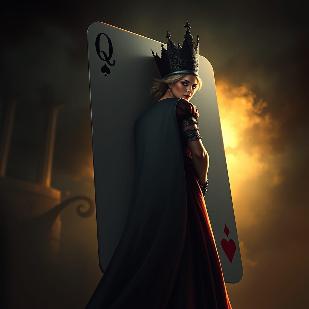 Queen of Spades Peeks Playfully Behind Giant Card