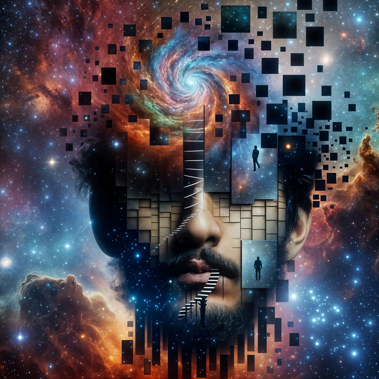 Cosmic Portrait: Man's Face and Spiral Staircase