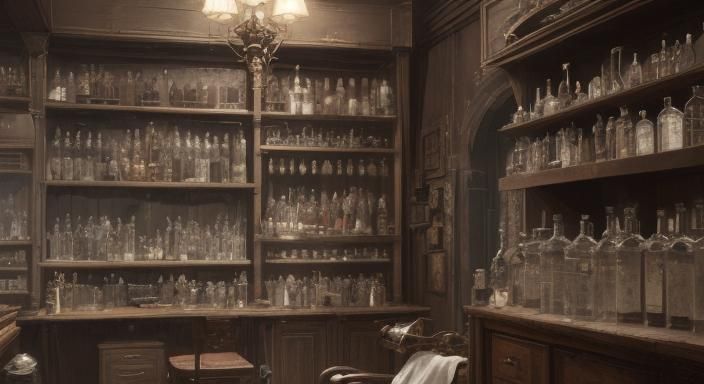 detailed 4k skip low res sources one thousand layers of fractal barber bottles on shelves 40s barber shop evil barber