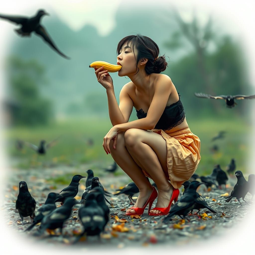 Hyperrealistic Woman with Banana in Atmospheric Scene