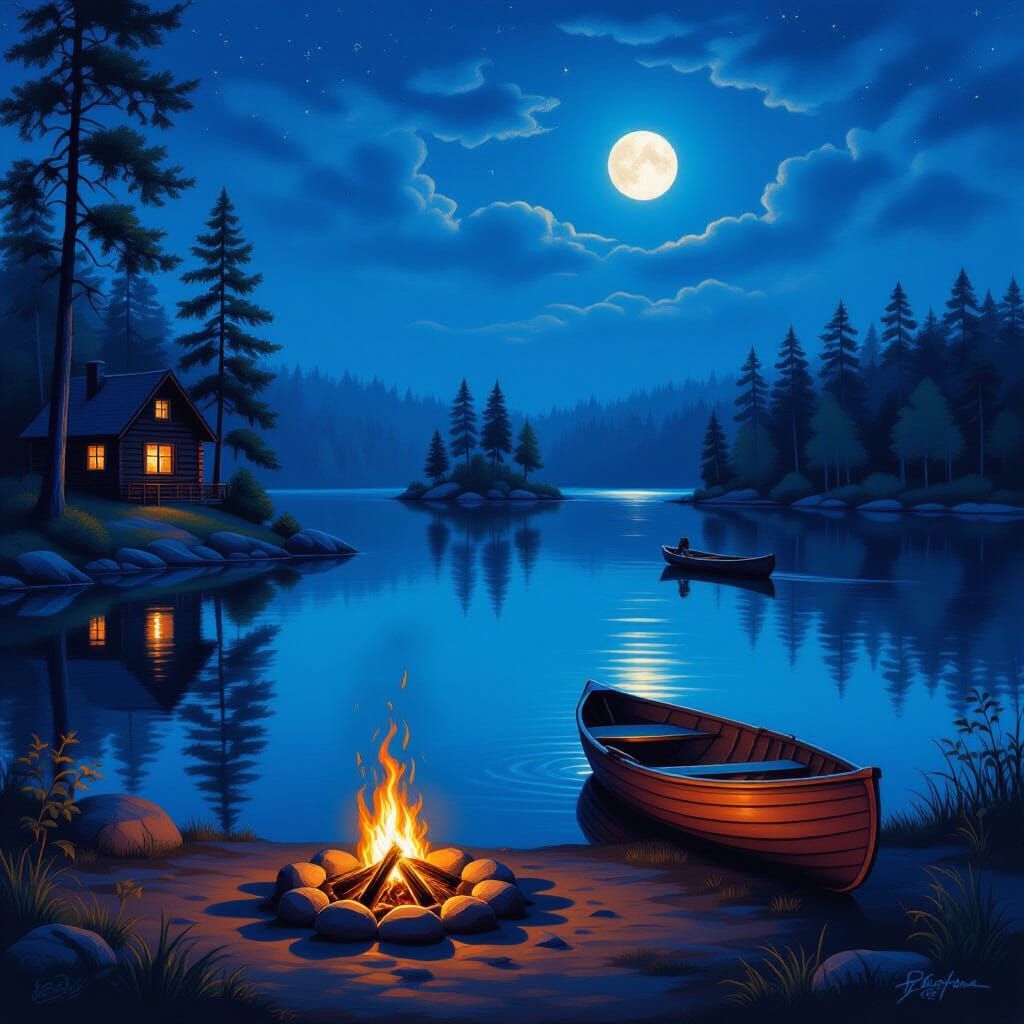 Peaceful Forest Lake at Night: Oil Painting