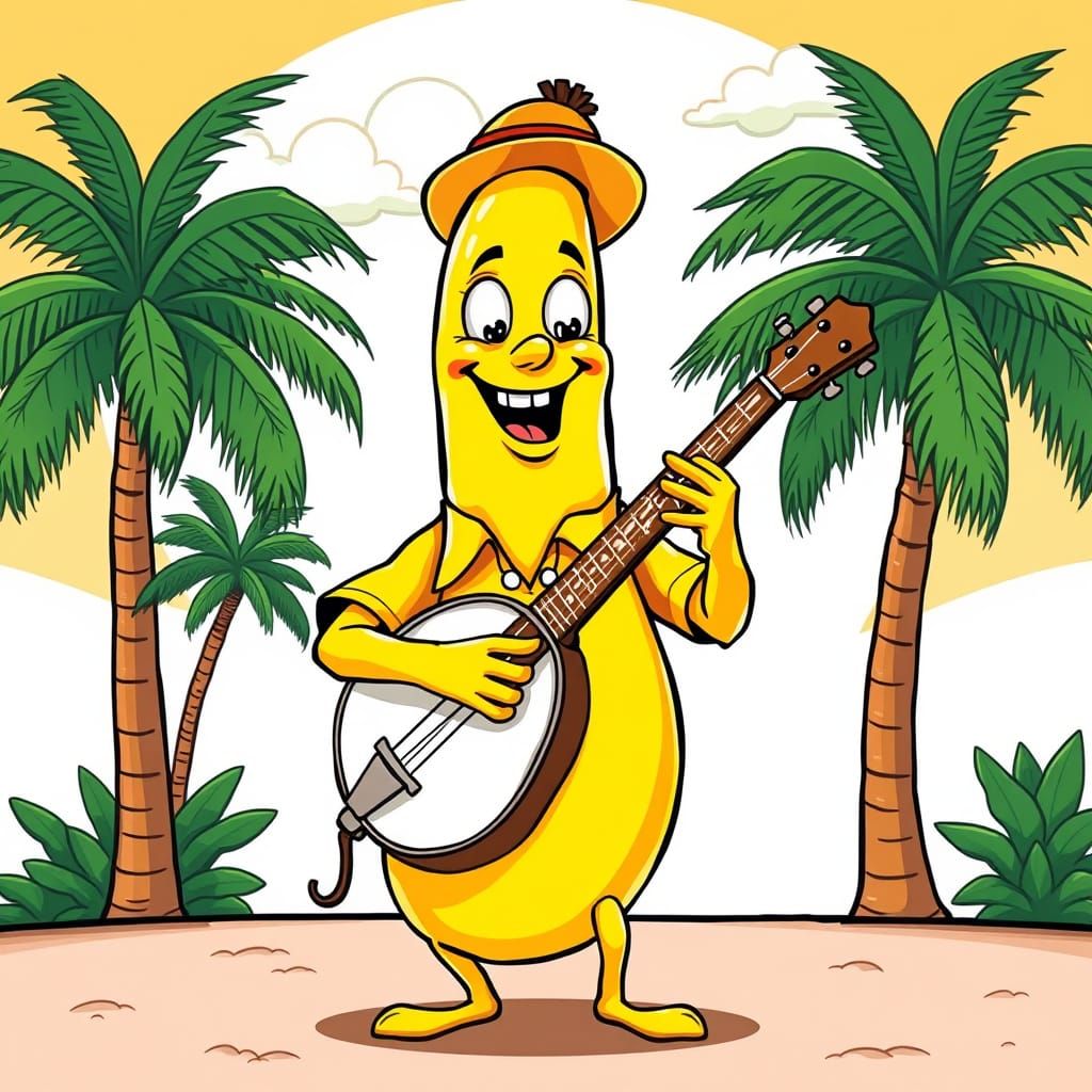 Vibrant Cartoon Banana Banjo Player in Sunny Tropical Settin...