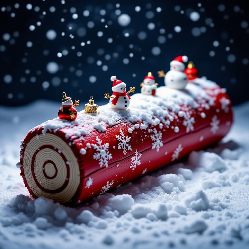 Surreal Red & White Yule Log with Falling Snow