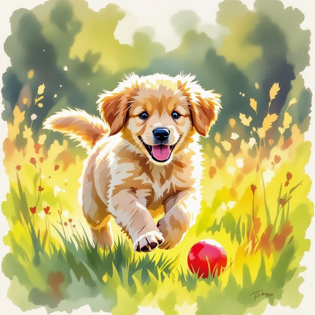 Golden Retriever Puppy Chasing Ball in Sunlit Meadow Waterco...