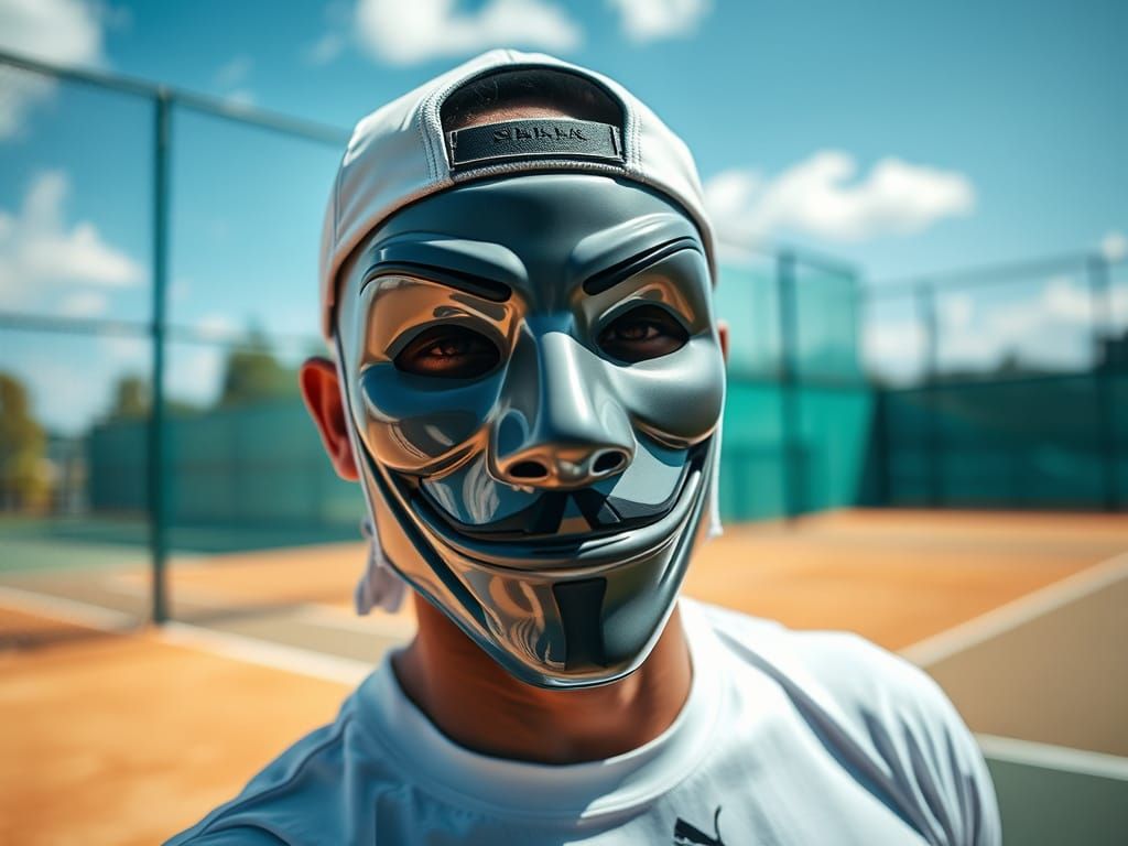 Macro View of Anonymous Ray  (mask on) after a victory at the Tennis Courts