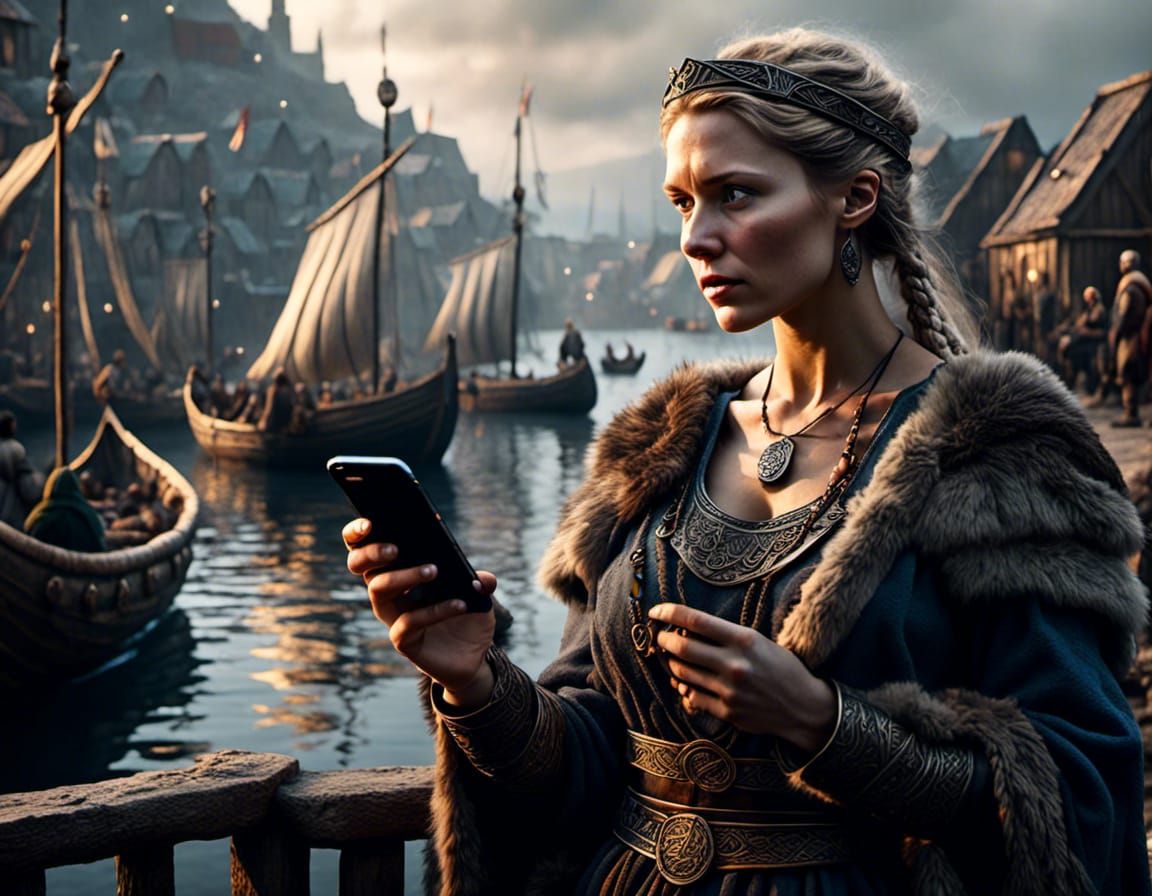 Viking Woman Using Smartphone in Scandinavian Town