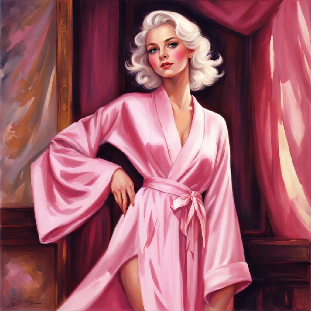 Girl in Pink Silk Robe with Blue Eyes
