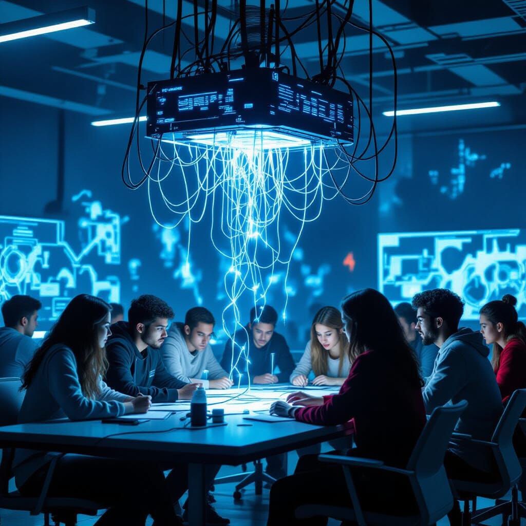 Dystopian Classroom: Students Connected to Tech Machine