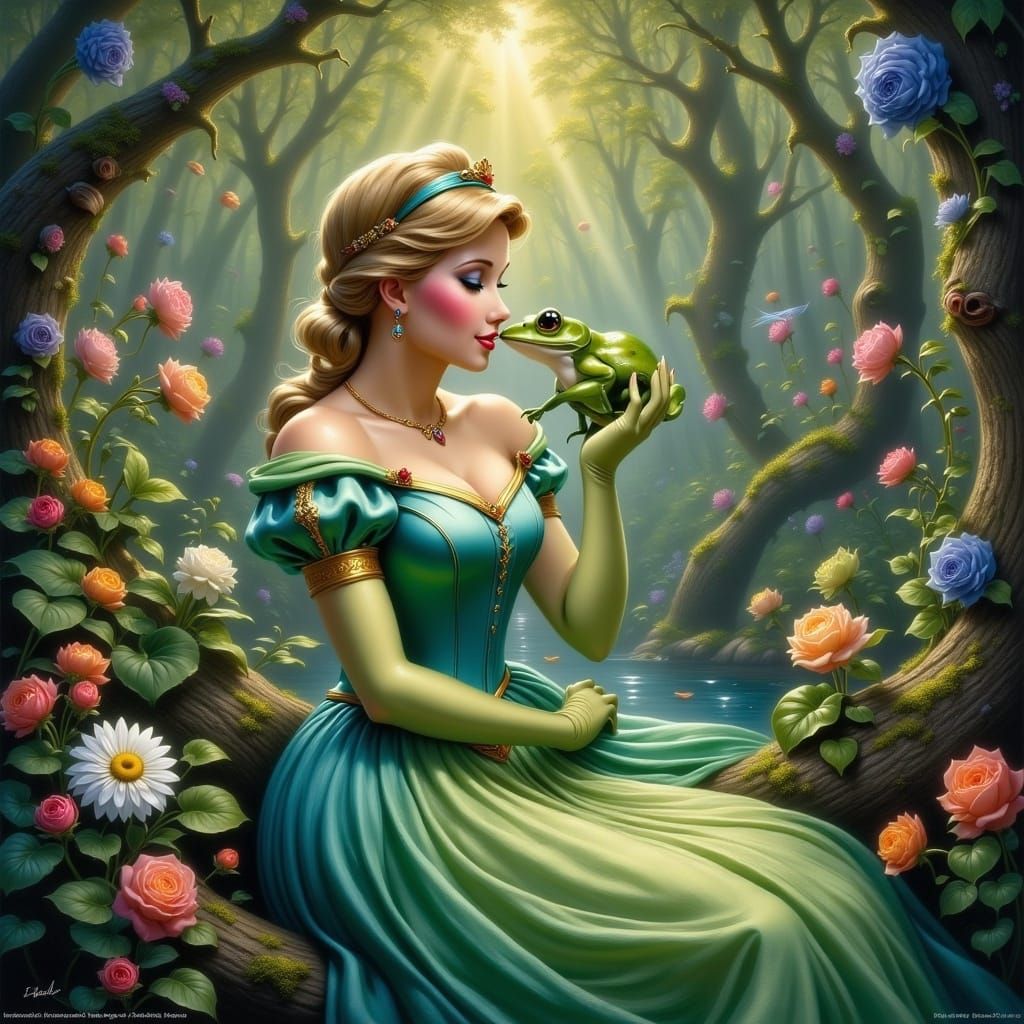 <lora:Disney Art Flux:1.0> Disney character of a princess kissing a frog, by Heather Theurer art" inspired by the art of...