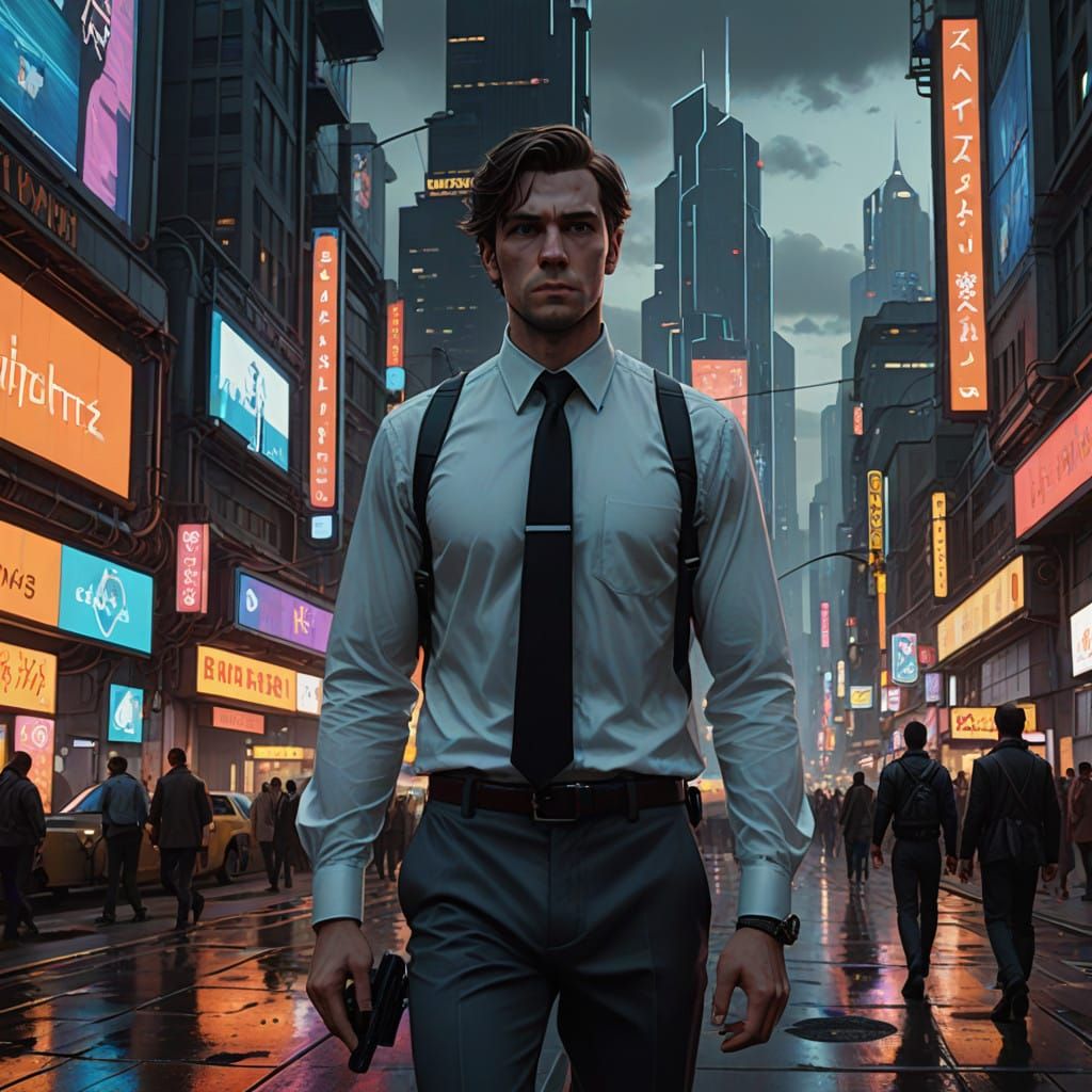 Futuristic Businessman Strolls Through Neon Cityscape at Dus...