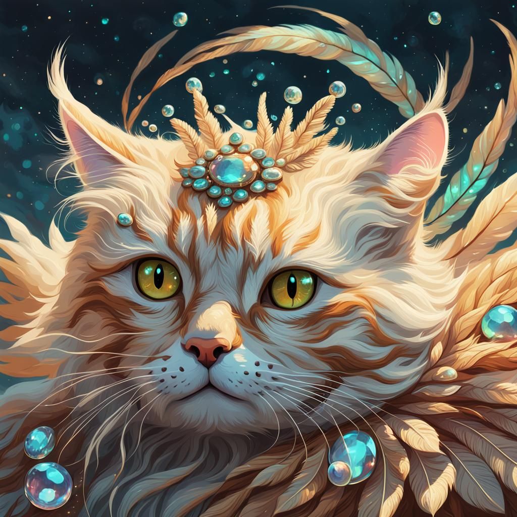 A majestic blonde tabby cat mermaid angel with iridescent, swirling feathers in shades of pearl, beige, and brown. Styli...