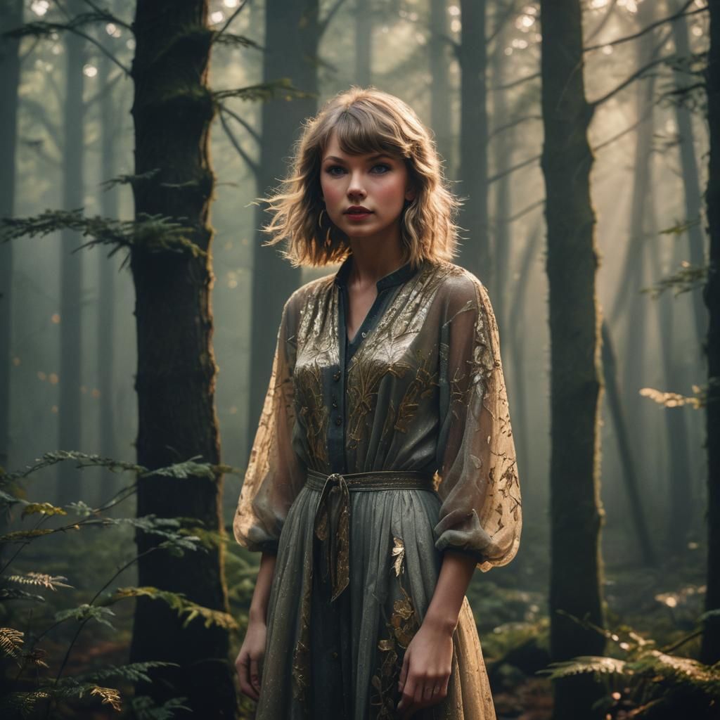Taylor Swift in Misty Forest, Hyper-Realistic Portrait