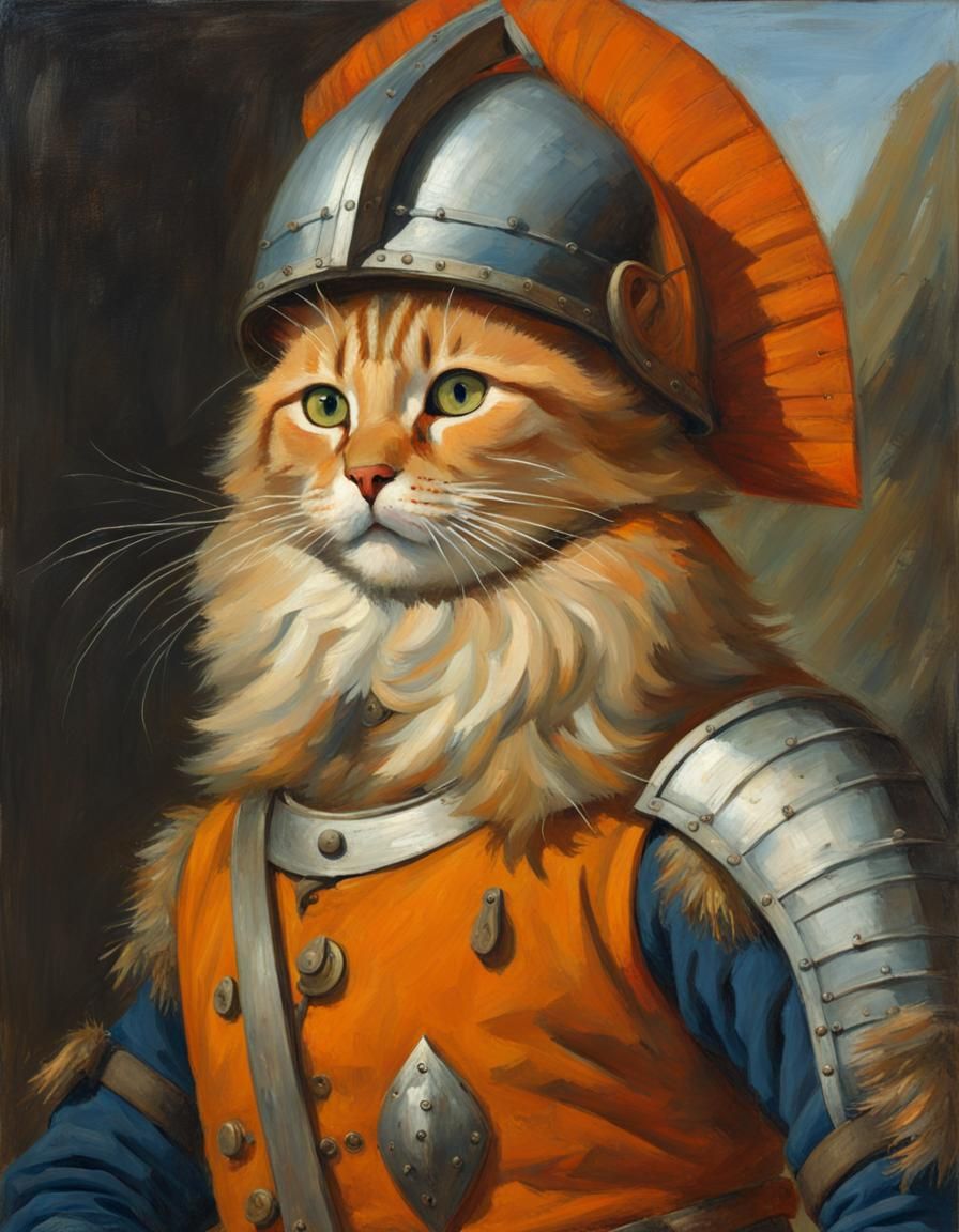 Orange Cat in Viking Helmet, Oil Painting
