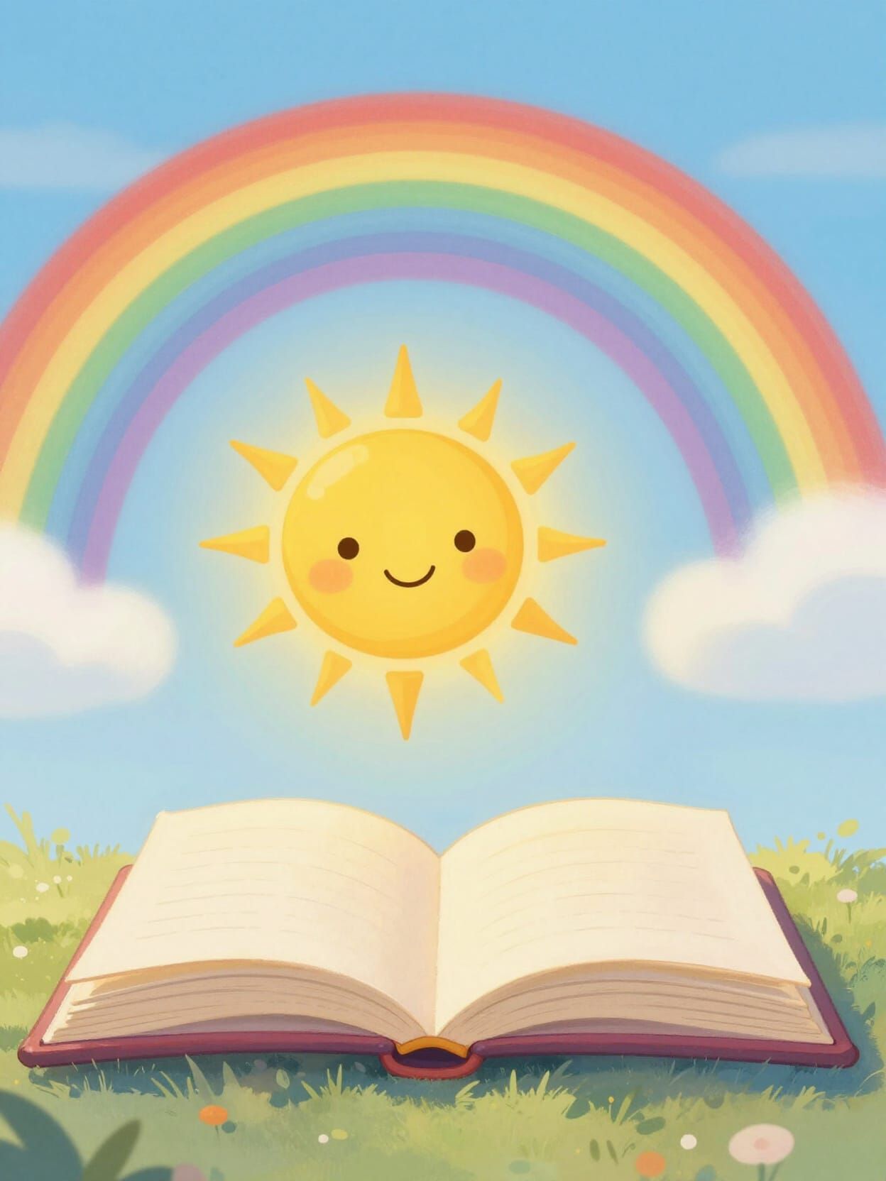 Children's Book Cover: Open Book and Smiling Sun with Rainbo...