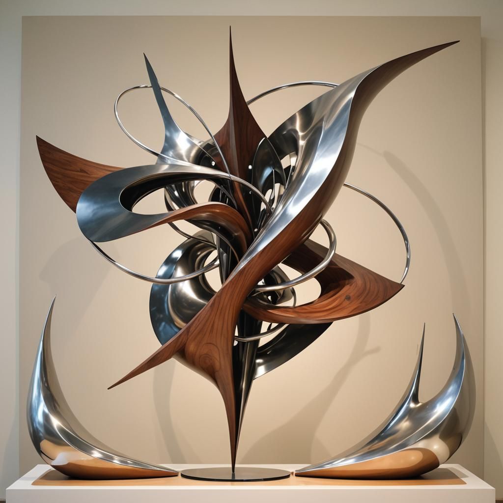 Abstract Sculpture in Polished Wood and Silver