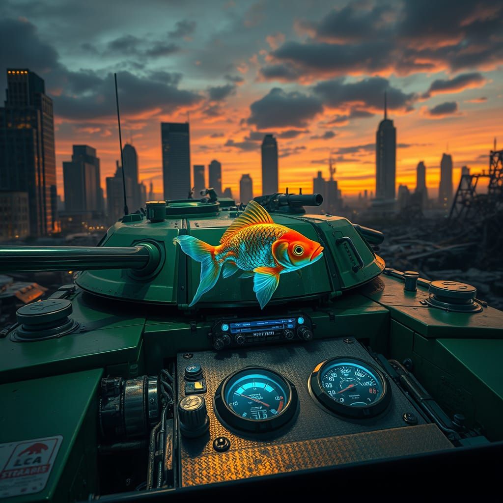 Retro-Futuristic Fish Tank in Ruined Cityscape