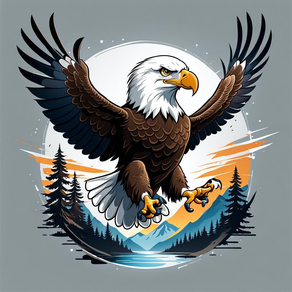 Cartoon vector illustration, in front of an landing bald eagle.