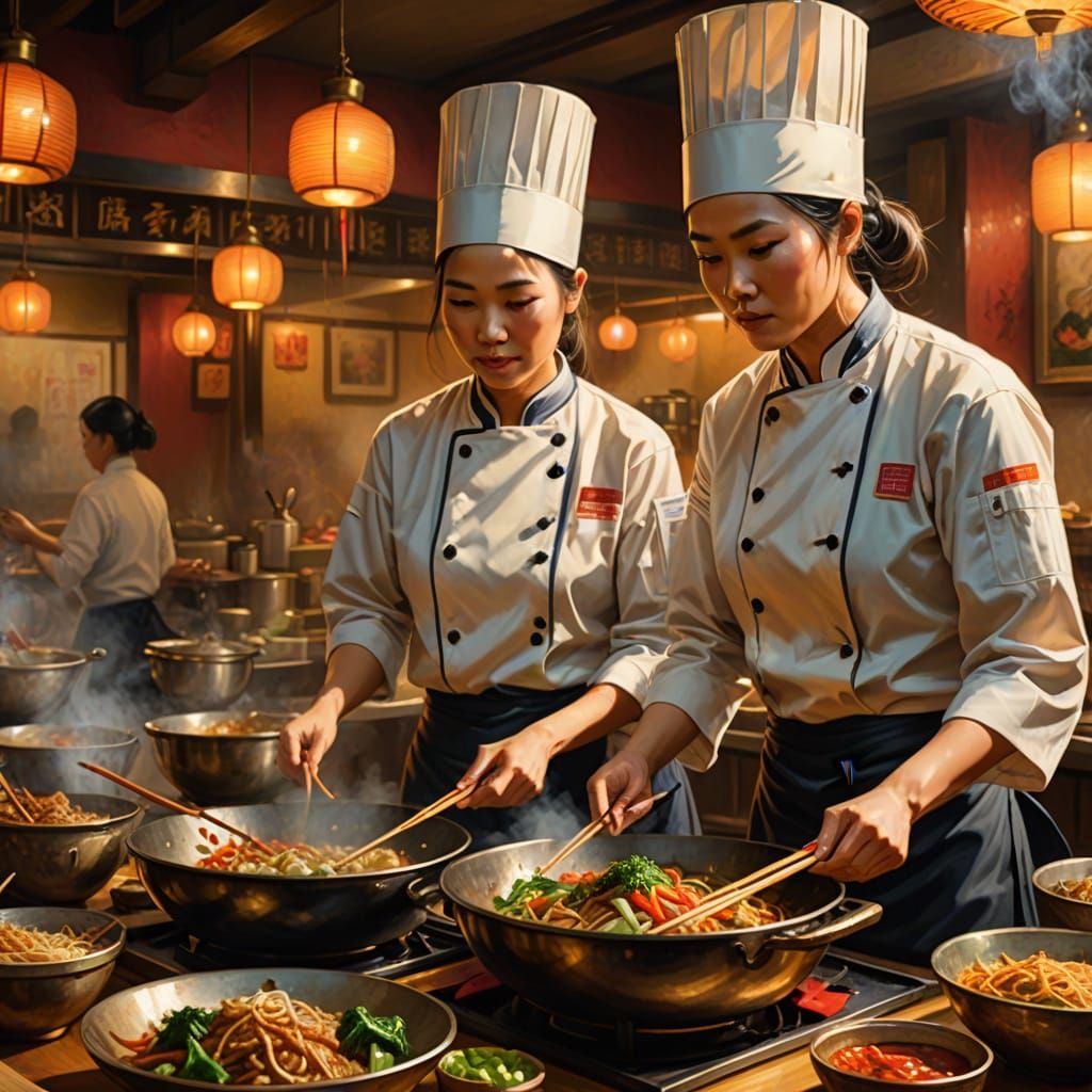 Chinese Restaurant Scene in Vibrant Oil Painting Style