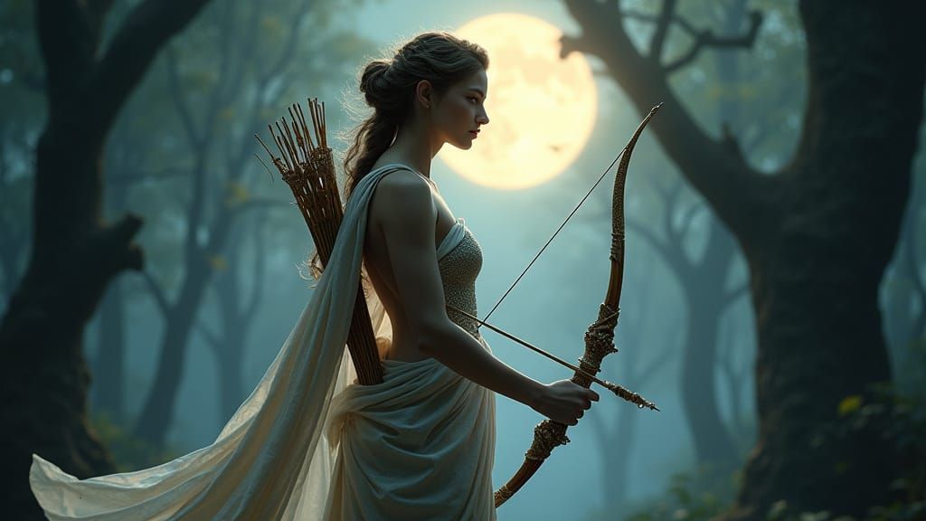 Classical Goddess Artemis in Moonlit Forest