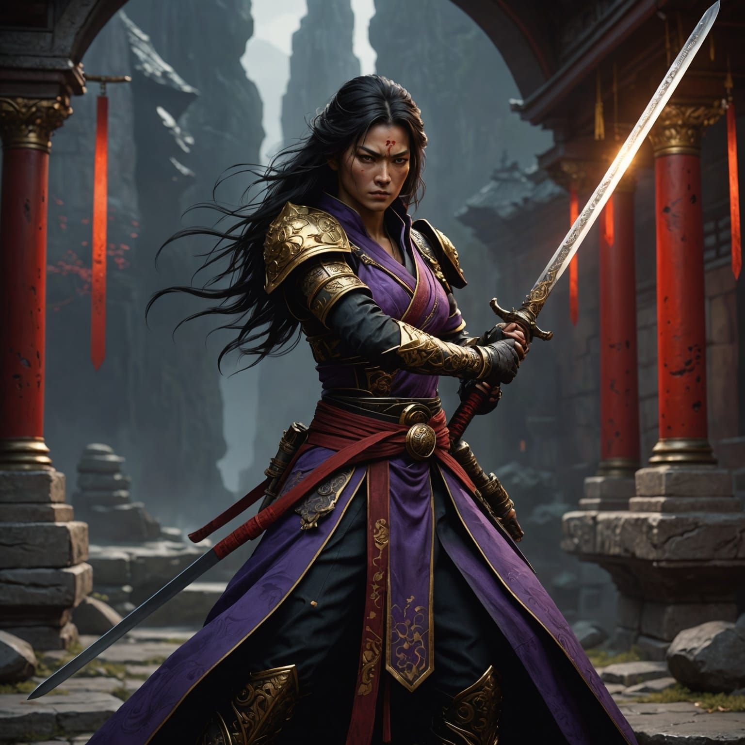 Red Katana with Black Stone Hilt in Dark Fantasy Art