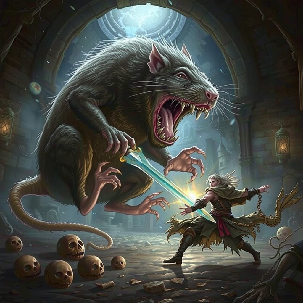 Warrior Confronts Gigantic Eerie Rat in Dungeon