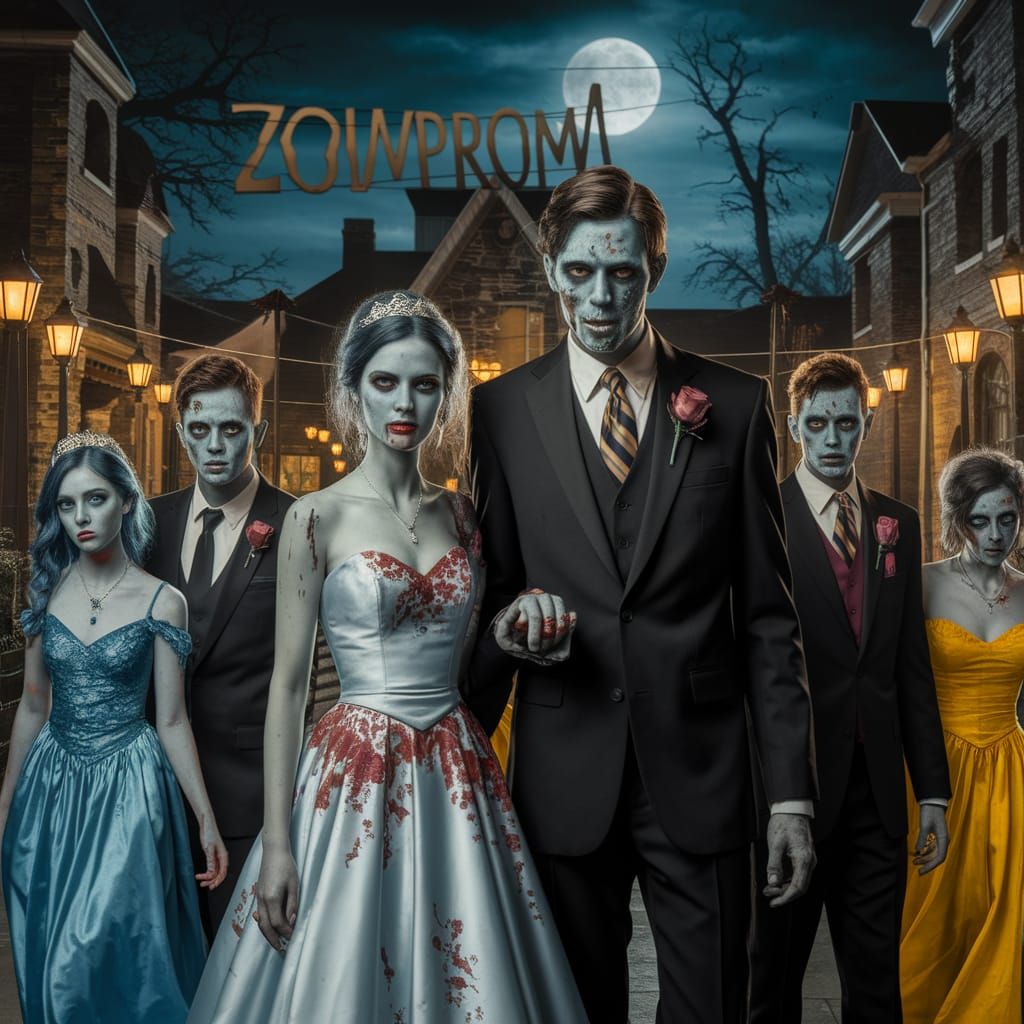 A scary prom night for zombies. The sign reads, "ZomProm".