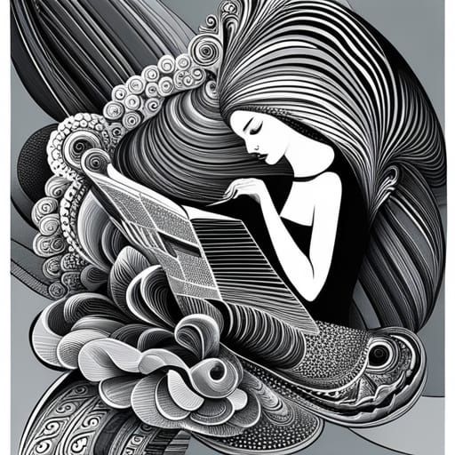 Intricate Ink Drawing of Woman Reading Newspaper