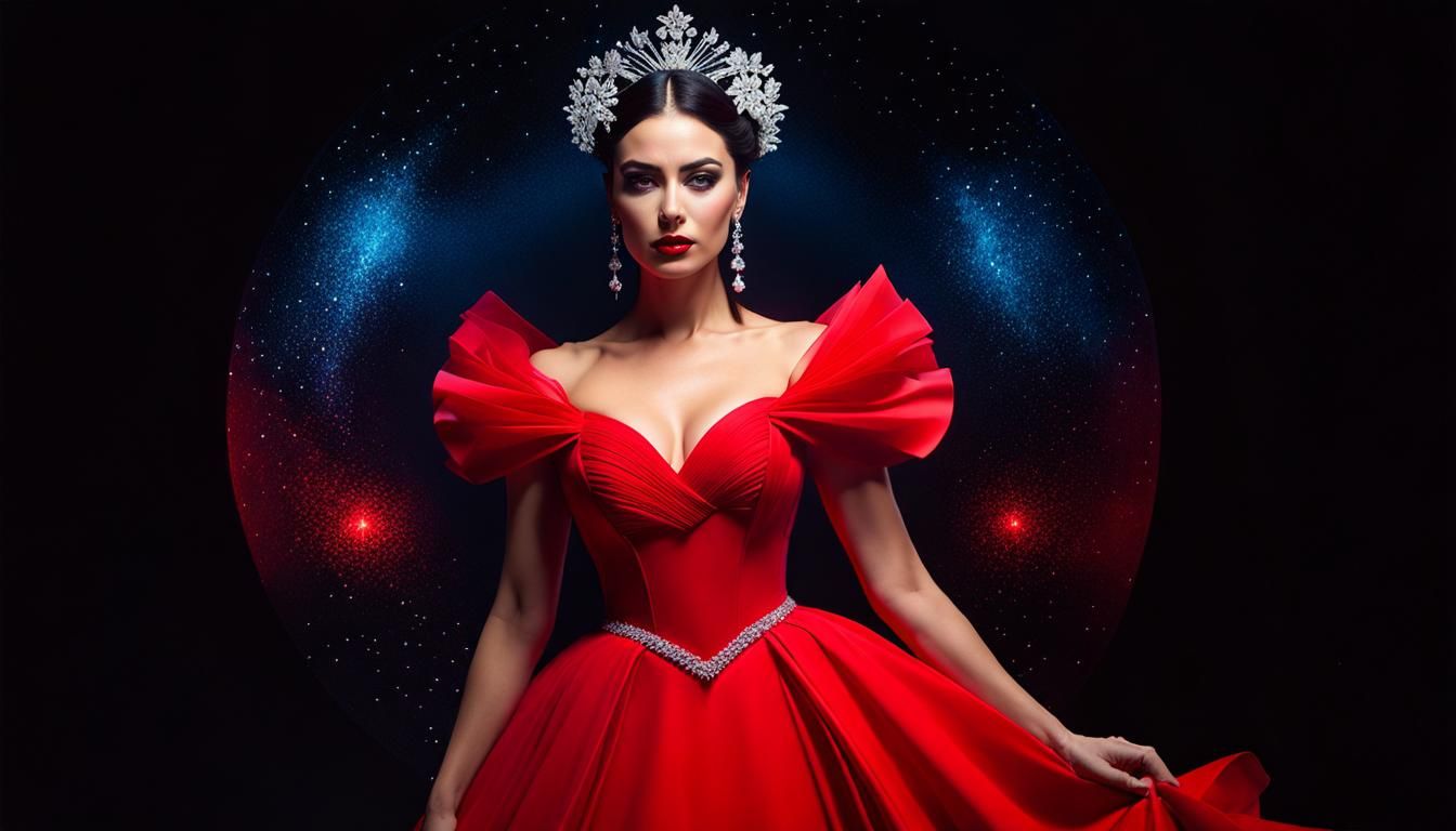 Elegant Woman in Red Dress: Vaporwave Portrait