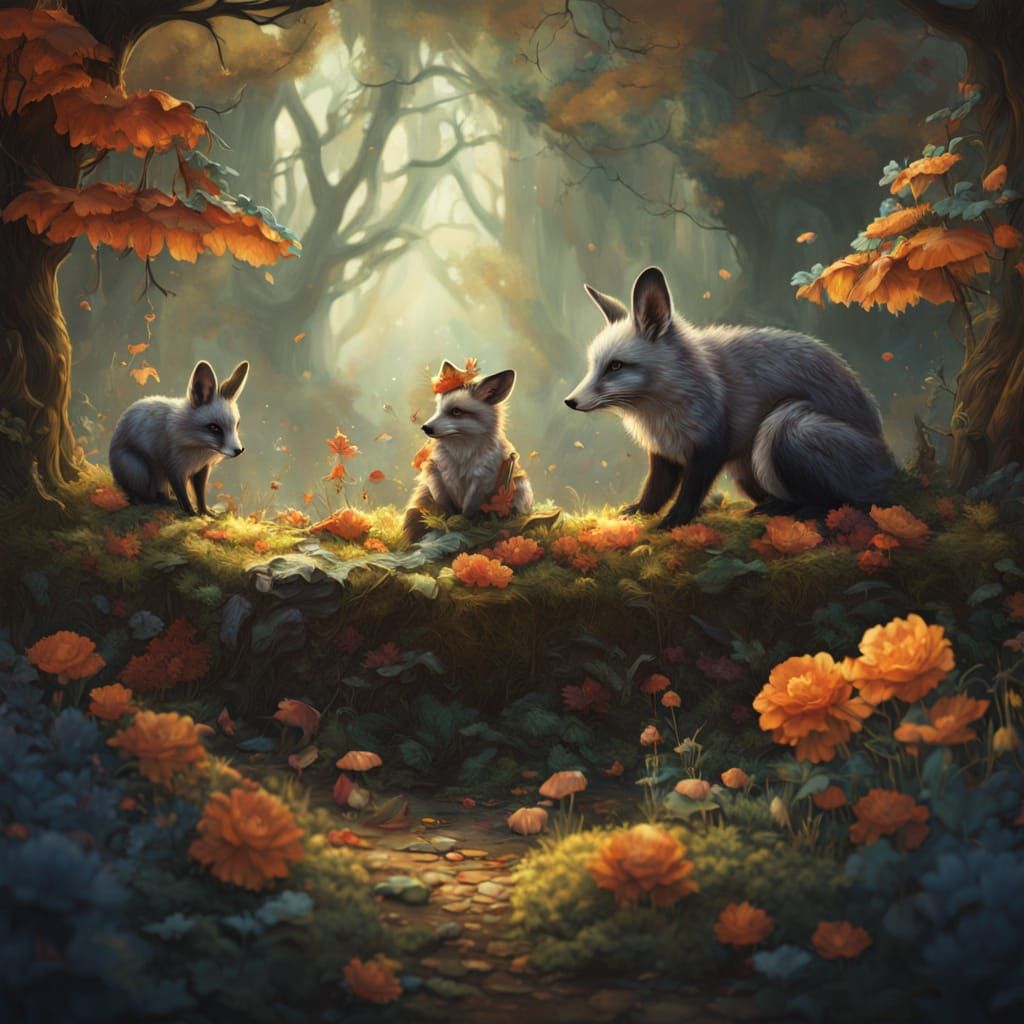 Woodland Creatures Feast in Enchanted Forest Digital Paintin...