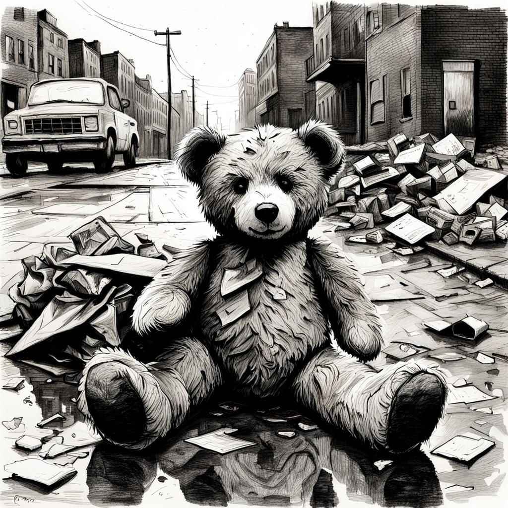 Abandoned Teddy Bear Charcoal Drawing