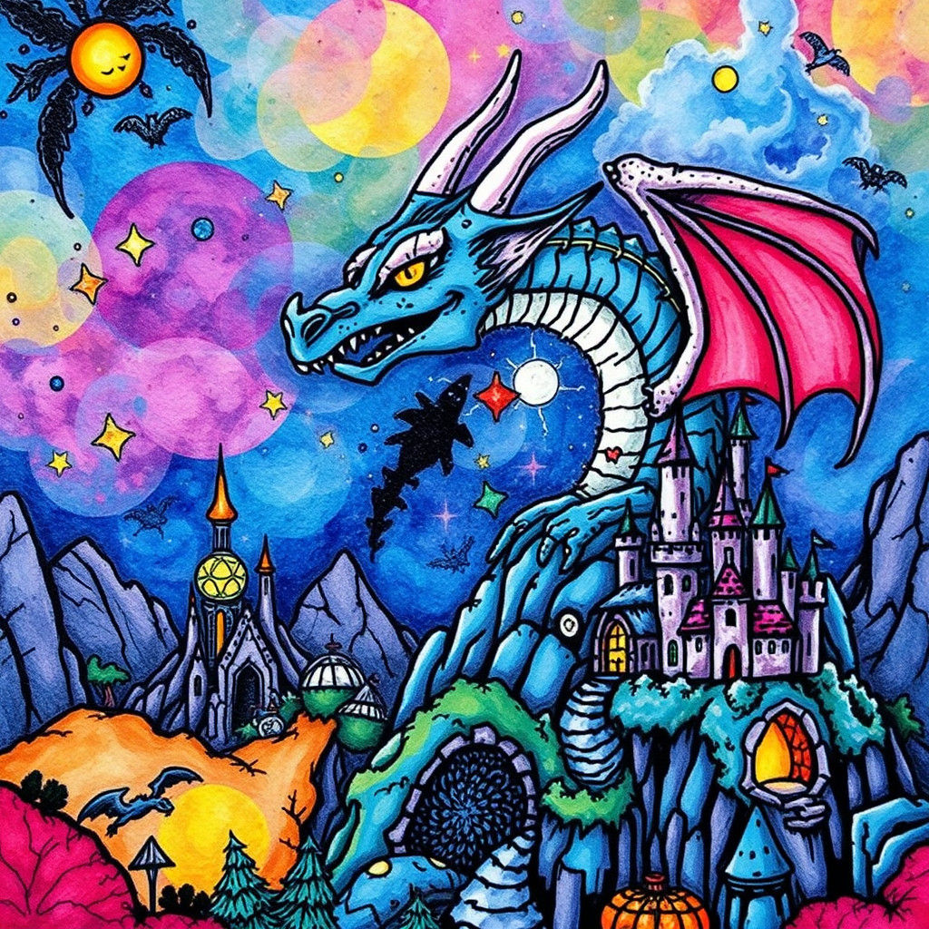 Doodle Fantasy Landscape Portrait in Vibrant Colors