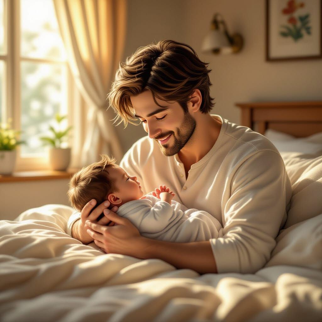 Father Holds Newborn Baby in Cozy Bedroom