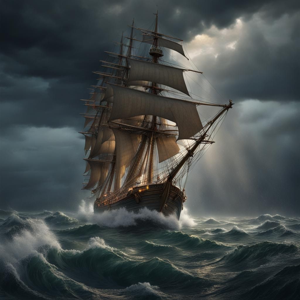 Tall Ship in Stormy Seas: Impressionist Style