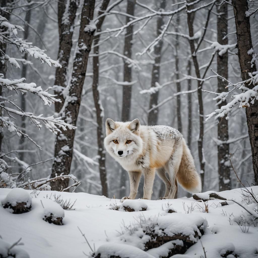 Stalking White Fox in Snowy Mountain Forest