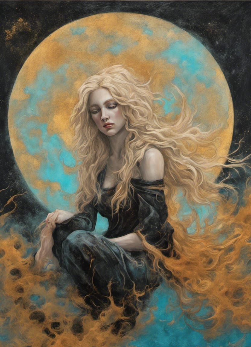Blonde Witch Moon Worship in Digital Art Style