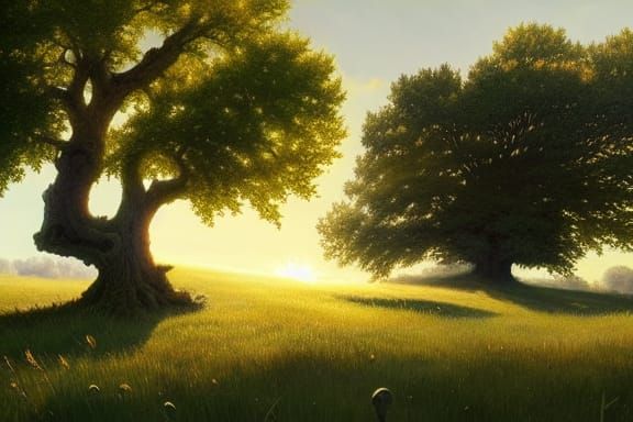 Oak Tree in Summer Field: Hyperdetailed Digital Art