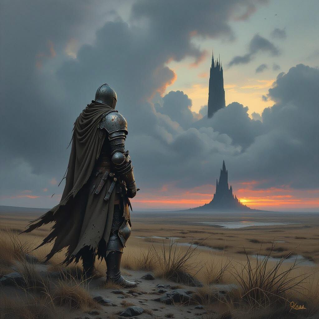 Knight on Desolate Moor Under Twilight Sky