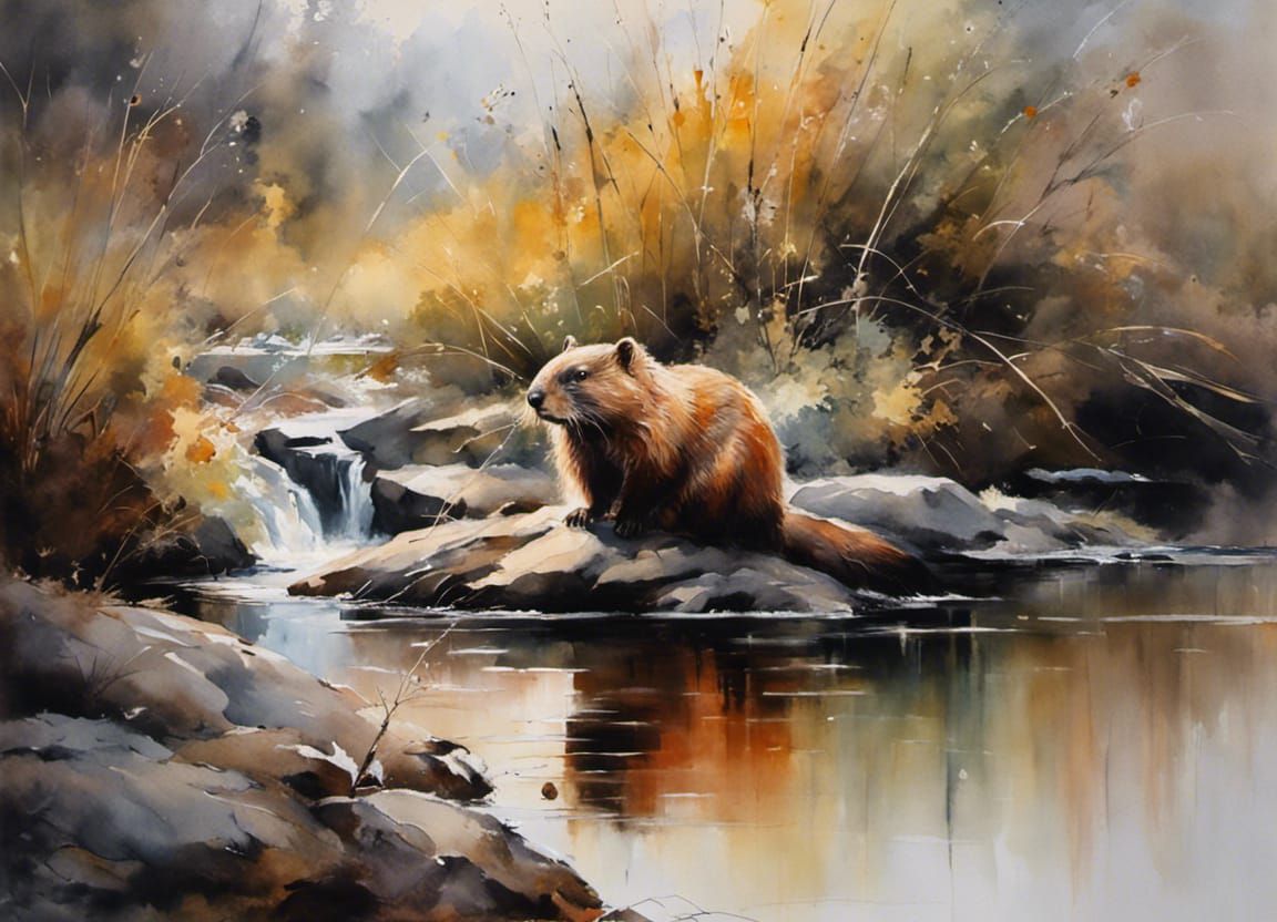 Inquisitive Beaver at Riverbank in Watercolor Style