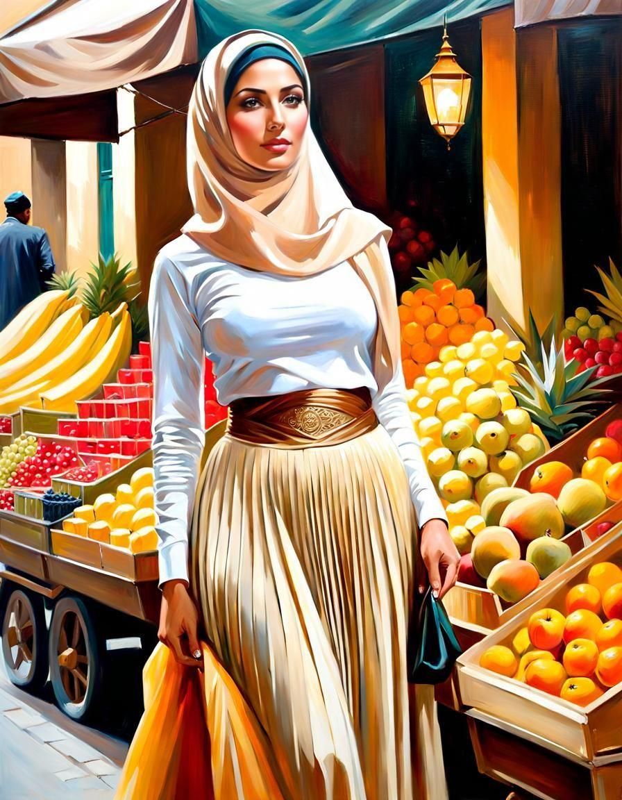Elegant Hijabi Woman Discovers Tropical Fruits in a Bustling...